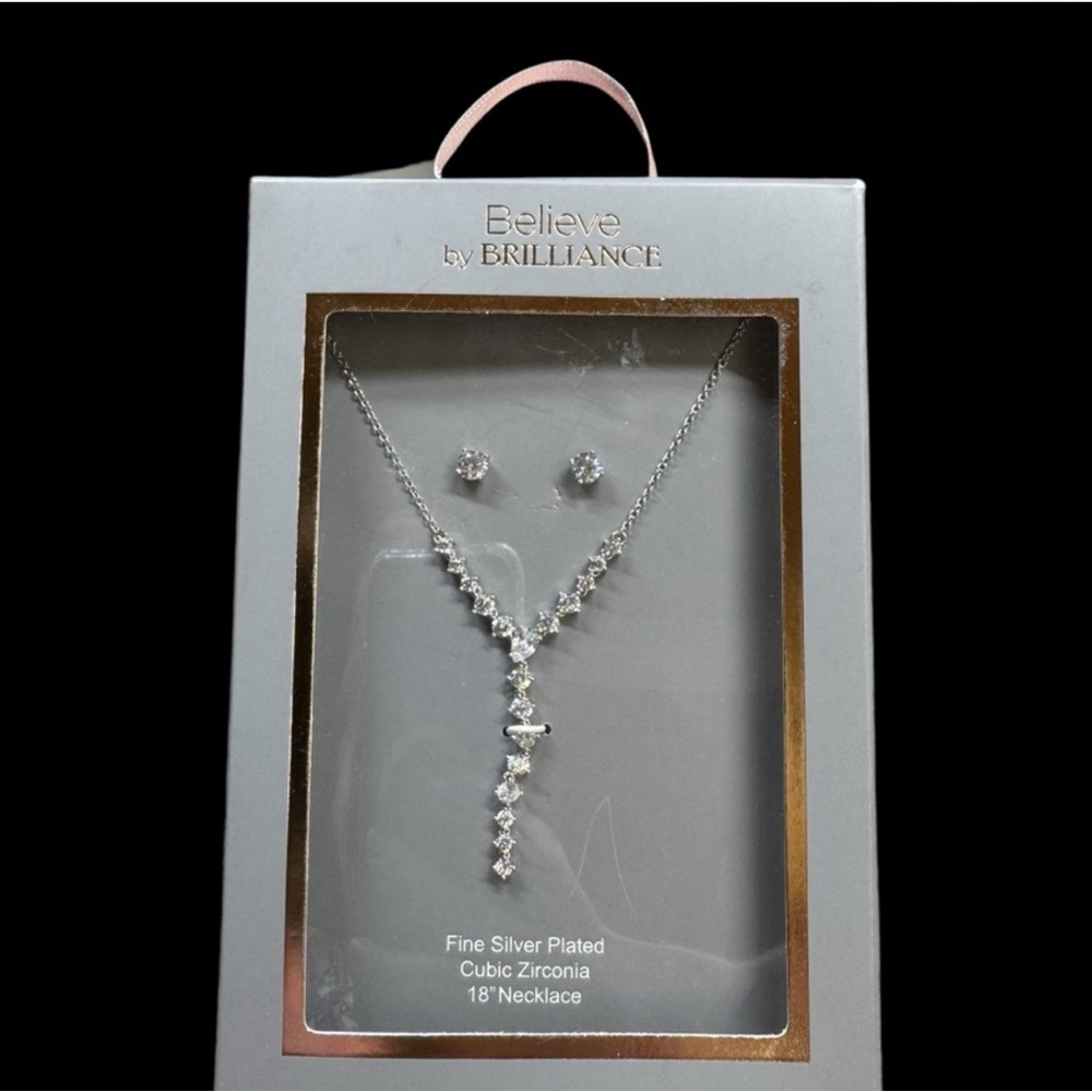 Believe by Brilliance NWT Silver Plated CZ 18” Necklace/Earrings Gift box set